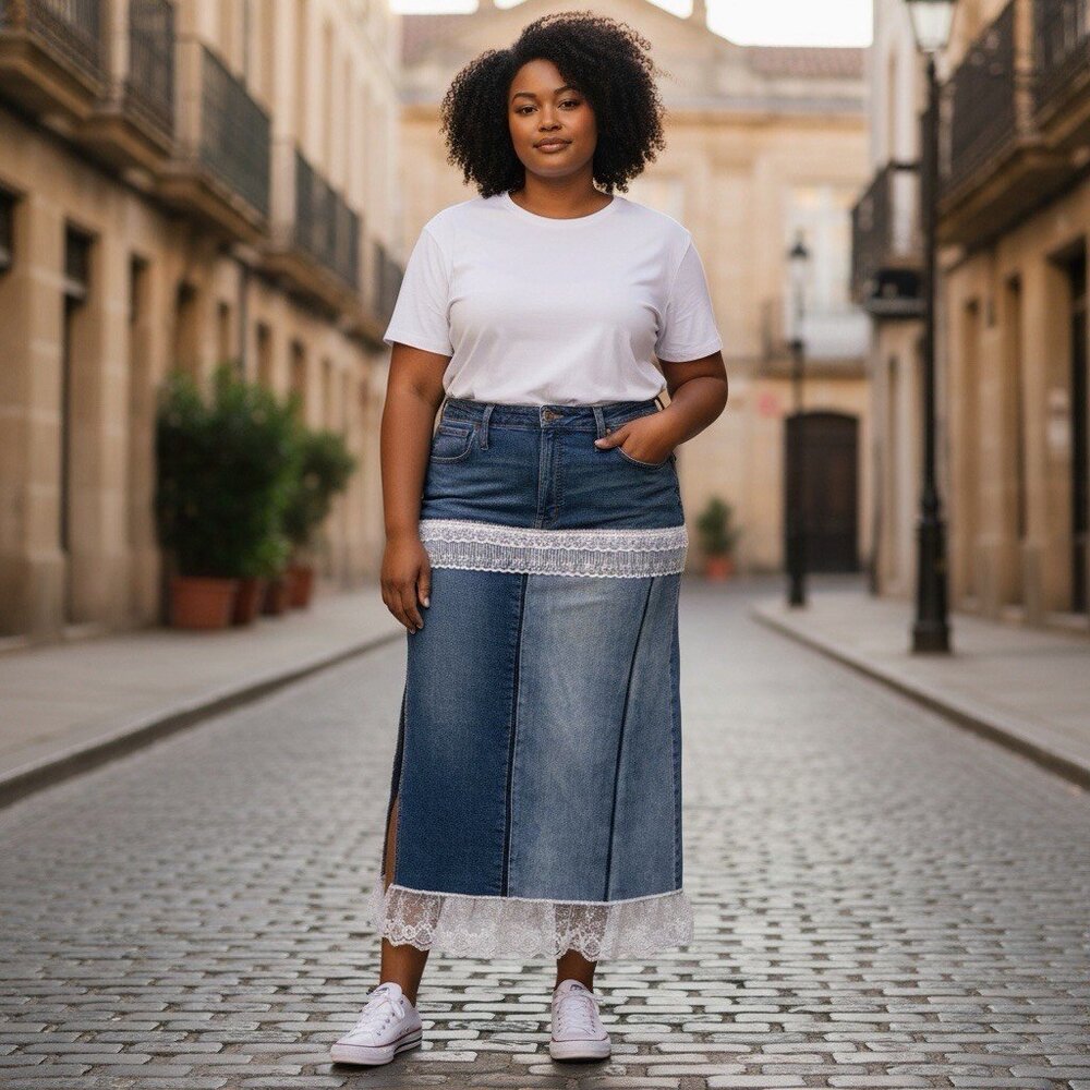 Upcycled Madewell Denim Midi Skirt Size 33 Handmade Single Sideā Slit Stretcy